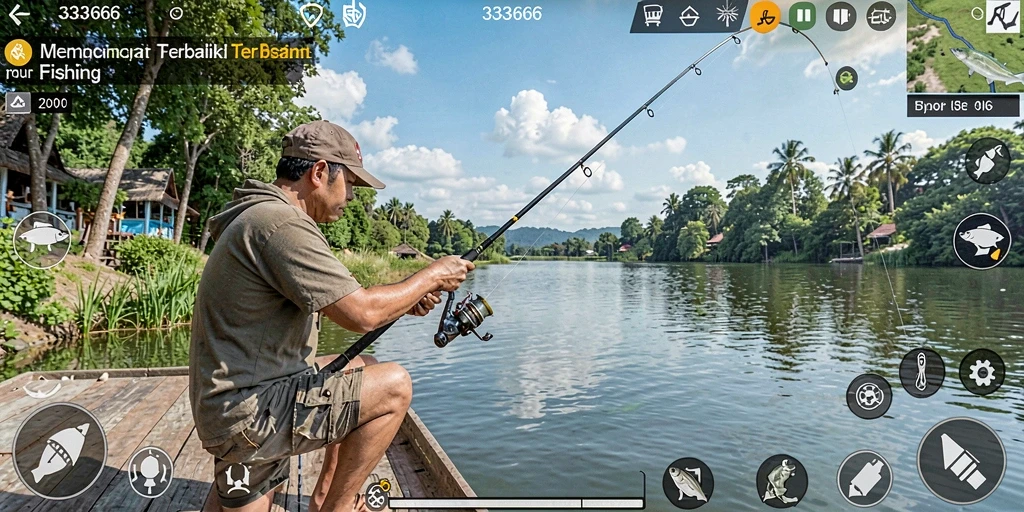 Screenshot gameplay <strong>333666</strong> menunjukkan pemain menangkap ikan di lokasi menarik.