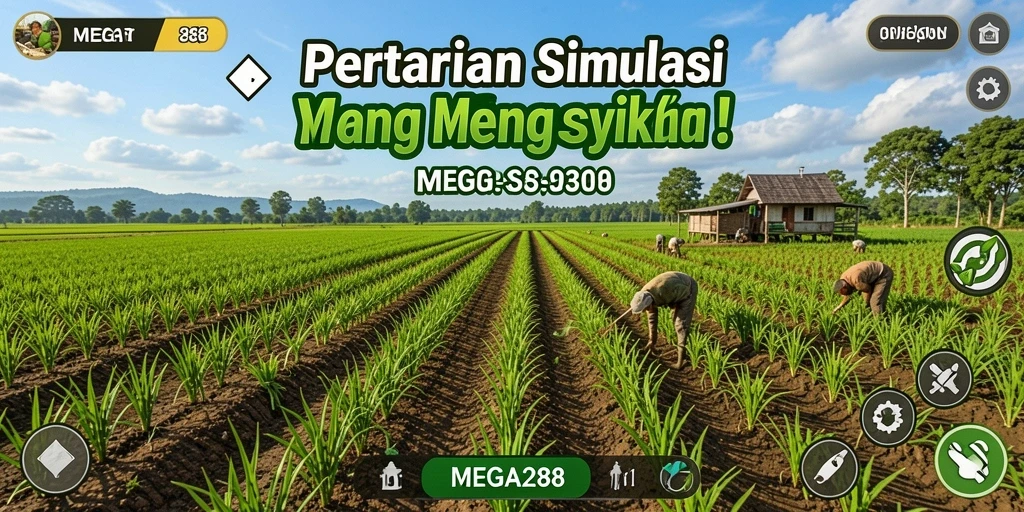 Screenshot gameplay MEGA288 menampilkan kebun yang subur dan berwarna-warni.