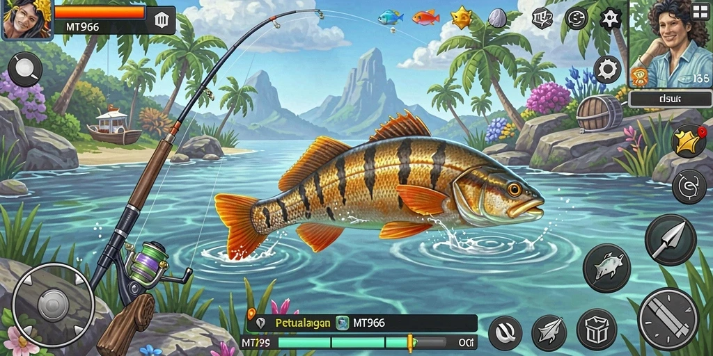 Screenshot gameplay MT966 menampilkan aksi memancing yang mendebarkan.