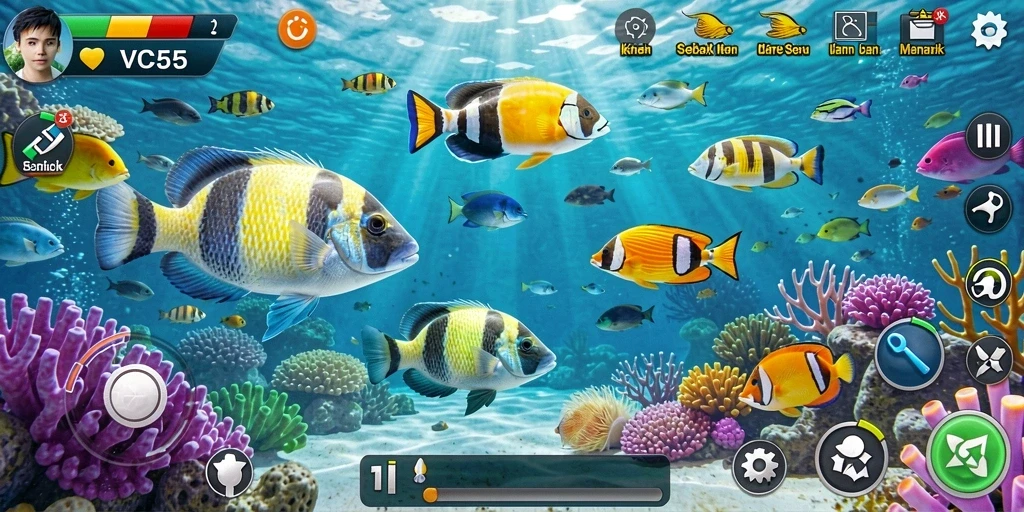 Tampilan gameplay <strong>VC55</strong> yang seru dengan berbagai ikan yang menarik.